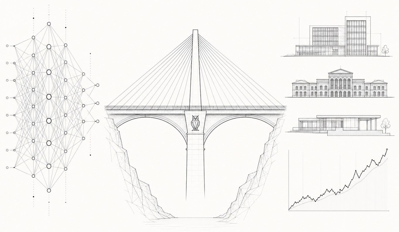 Illustration: a bridge connects an AI and data network on the left to PropTech buildings and financial charts on the right.